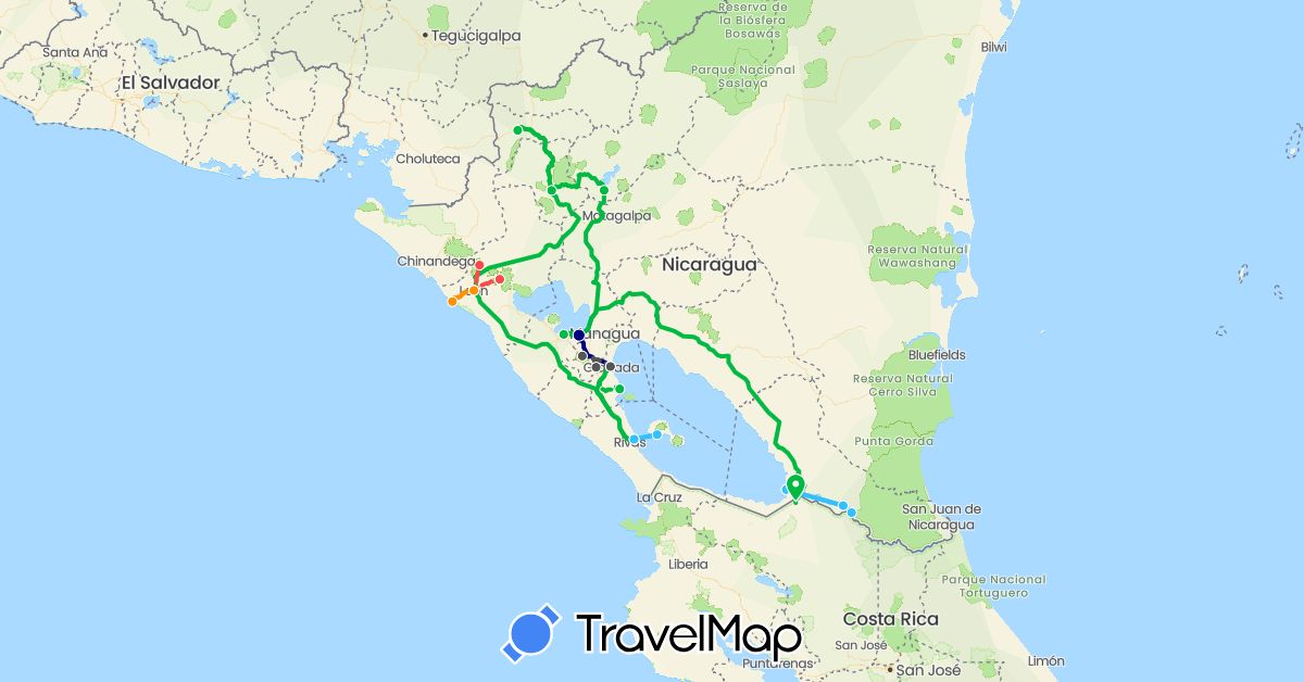 TravelMap itinerary: driving, bus, hiking, boat, hitchhiking, motorbike in Costa Rica, Nicaragua (North America)